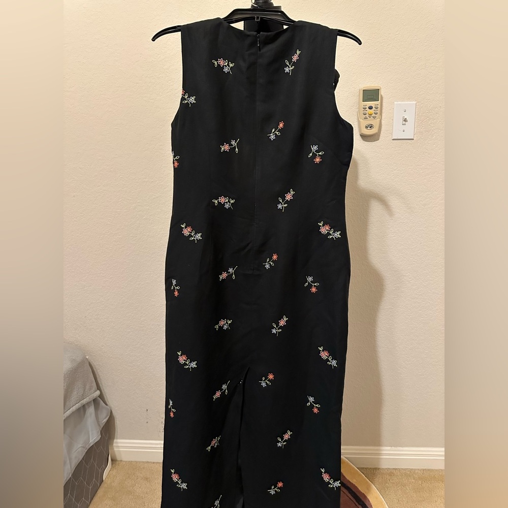 Talbots Linen Dress Maxi Sleeveless Black Floral Embroidered Lined. Size 8. - Picture 9 of 14